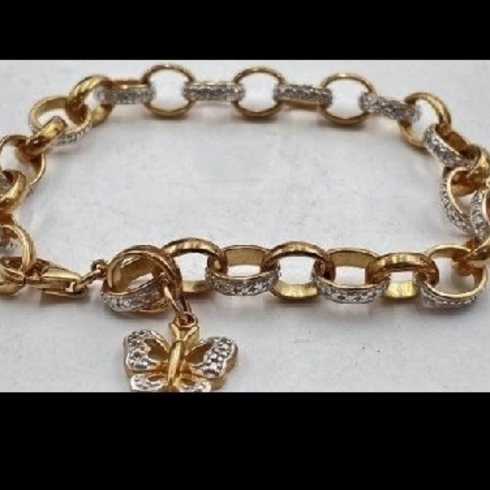 925 Sterling 14K Gold Two Toned Oval Link Diamond Cut Bracelet W Butterfly Charm
